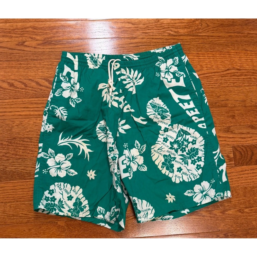 Vintage Izod Lacoste Swim Trunks Mens Medium Green Tropical‎ Floral Island Map